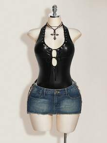 SHEIN ICON 女士时尚性感PU皮革金属吸睛系带露背连体衣 - 黑色 - 查看 4