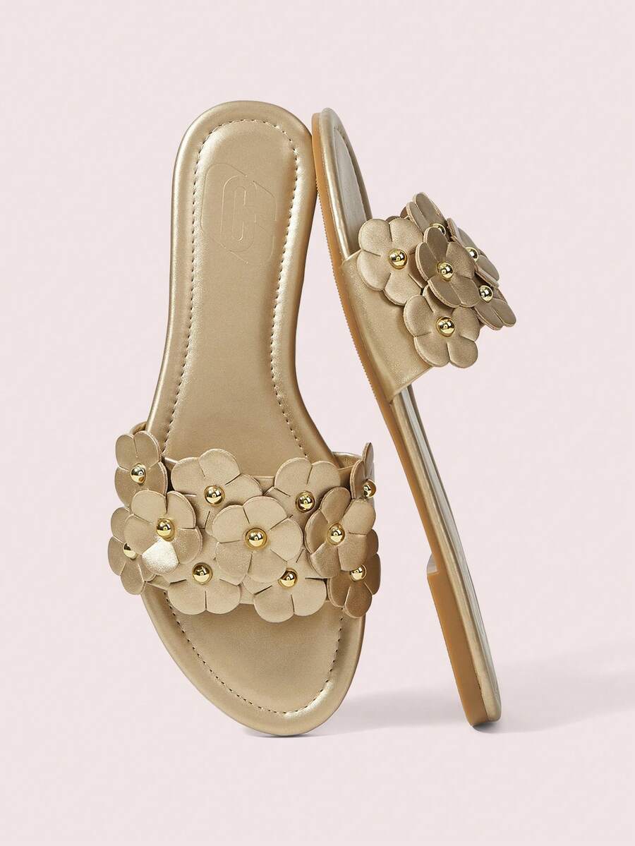 CUCCOO DOLLMOD Ladies Gold Flower Comfortable Flat Sandals, Sweet Style Flower Flat Sandals - Gold - View 1