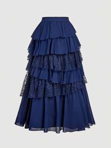 SHEIN MOD 波西米亚西部风情：70年代黑色飘逸雪纺蕾丝长裙——您在日落野餐和波西米亚风情之旅中的轻松伴侣 - 藏蓝色 - 查看 2