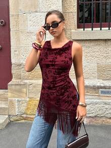 Siren Gaze 不对称流苏下摆垂领无袖上衣 - 黑色 - 查看 4