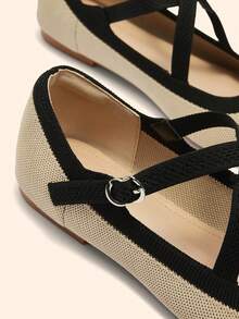 CUCCOO BASICS 女士尖头平底杏色针织交叉绑带套脚鞋，新款春秋季浅口舒适通勤玛丽珍鞋 - 杏色 - 查看 4