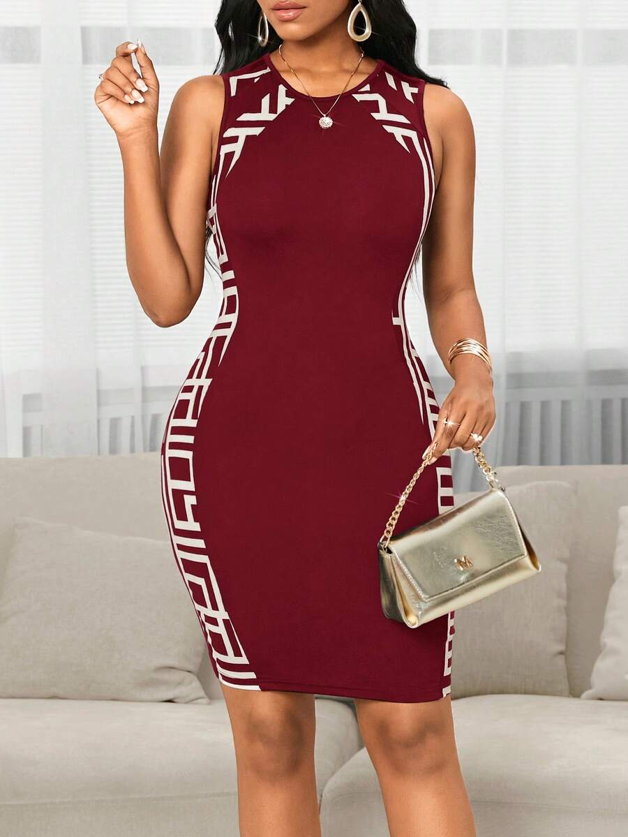 SHEIN Lady Đầm công sở thanh lịch và thời trang, tay áo hình lá sen, dáng ôm vừa vặn, dài đến đầu gối, dành cho nữ. - Màu Đỏ Sâu - Xem 1