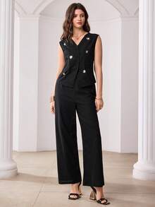 Modelyn 2pcs Women's Fashion Studded 3D Floral Beaded Vest And Casual Long Pants Set, Spring/Summer - Black - View 6