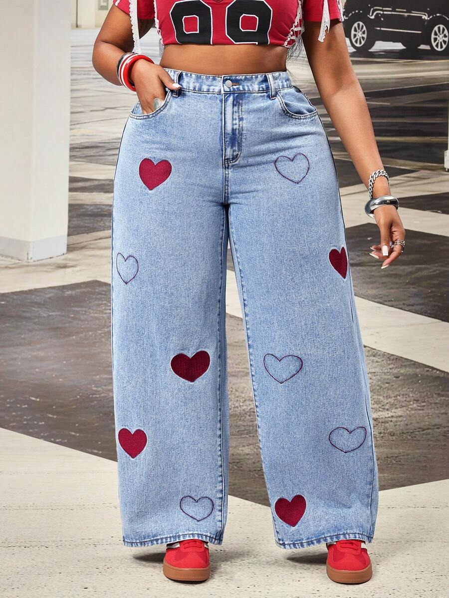 Slaydiva Plus Size Women's Casual Versatile Washed Denim Wide Leg Pants With Pockets & Heart Embroidery - Blue - View 1