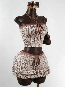 SaltGleam SaltGleam 街头时尚复古豹纹露肩拼接交叉吊带露背上衣和迷你裙套装 - 彩色 - 查看 5