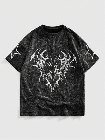 ROMWE MEN Street Life Grunge Punk Summer Gothic Star Print Round Neck Short Sleeve T-Shirt, 2000s Style