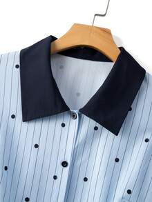 GlowEve CURVE Áo sơ mi nữ cỡ lớn kiểu mới, cổ áo phối màu tương phản, kẻ sọc chấm bi, tay ngắn, tay bồng xếp ly, ôm dáng, phong cách thường ngày trẻ trung, phù hợp cho đi làm, mặc ở nhà, đi chơi với bạn bè, văn phòng, du lịch ngắn ngày. - Màu xanh nhạt - Xem 4