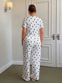 SHEIN Plus Size Sexy Heart Print Short Sleeve Pajama Set Two Piece Set Plus Curve Two Piece Set Casual Two Piece Set Two Piece Set Two Piece Set Women - Multicolor - View 3