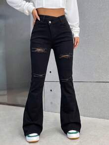 SHEIN PETITE Women's Low Waist Skinny Flared Jeans, Dark Grey Jeans - Black - View 6