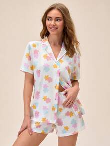 EURMUSE Cute Floral Print Button Detailed Relaxing Pijama Set - Multicolor - View 4