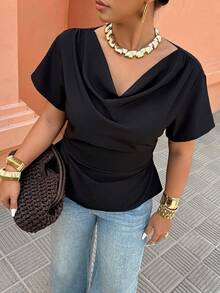 Breezaya Black Draped Collar Shirt - Short Sleeve With Back Drawstring Waist, Plus Size Fashionable For Casual/Office Wear (Spring & Summer New Arrival) - Black - View 3