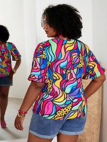 EMERY ROSE Plus Size Women's Blue Summer Boho Vacation All-Over Colorful Abstract Animal Print Round Neck Ruffle Short Sleeve Casual Pullover Blouse Shirt Tops - Multicolor - View 2