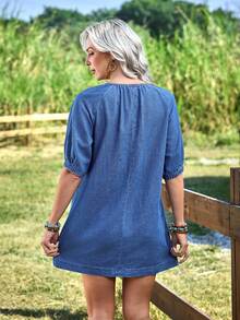 Selianne Women's Tie Collar Short Sleeve Casual Loose Denim Dress - Medium Wash - View 2