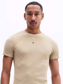 SUMWON Men's Slim Fit Ribbed Knit Crew Neck Short Sleeve T-Shirt With Small Chest Logo Embroidery Casual Summer Everyday Basic Tee - Brown - View 4