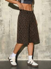 SHEIN ICON Quần short denim dáng rộng, họa tiết da báo, có túi dành cho nữ. - màu nâu - Xem 3