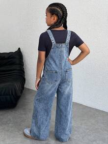 少女Y2K潮流休闲百搭纯色复古水洗背带裤休闲阔腿连体裤无袖牛仔背带裤，不含T恤，适合女孩春夏假期穿搭，夏季音乐会锐舞节宽松短裤街头风穿搭，返校穿搭 - 淺色水洗藍 - 查看 2