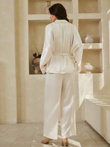 Dazy-Less Women's Solid Color Lapel NeckLong Sleeve Jacket And Wide Leg Pants Elegant Suit Set - Beige - View 2