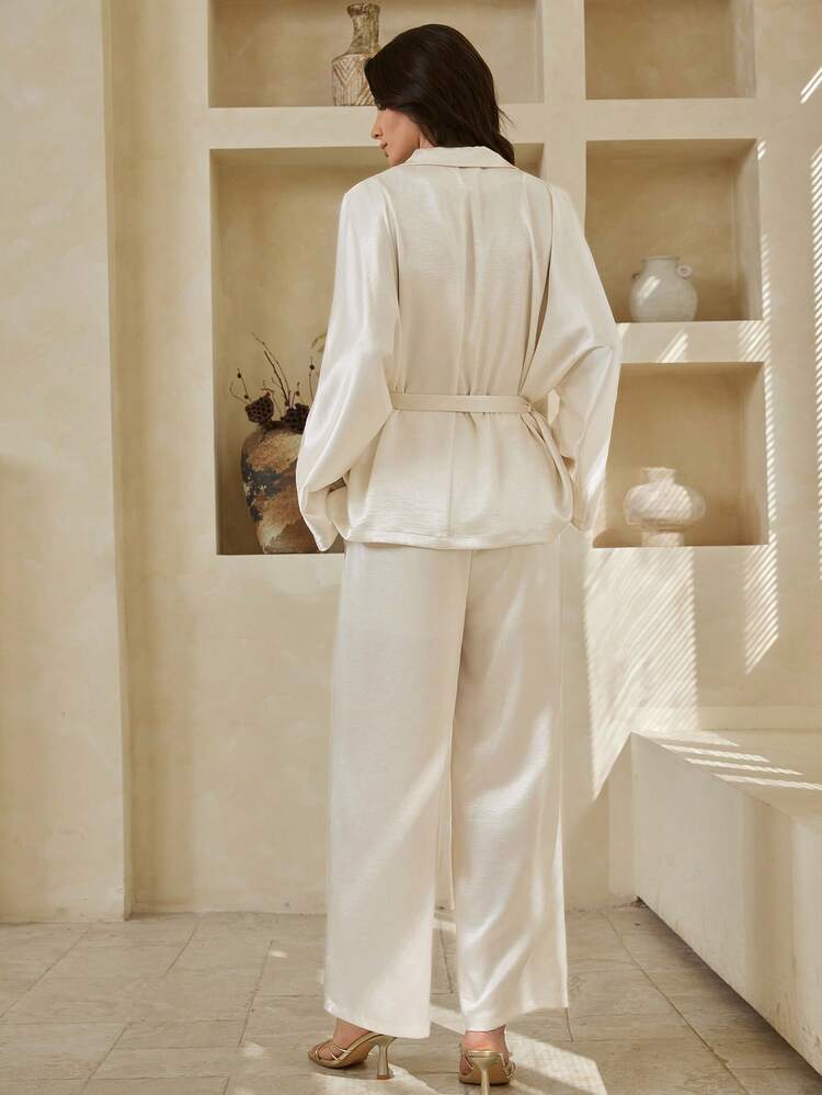 Women's Solid Color Lapel NeckLong Sleeve Jacket And Wide Leg Pants Elegant Suit Set