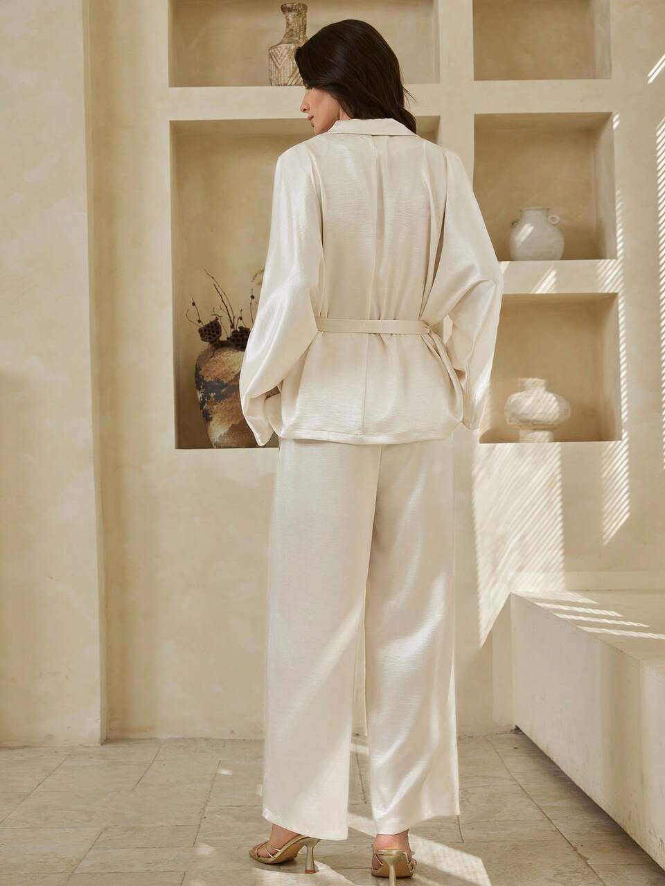 Women's Solid Color Lapel Neck Long Sleeve Jacket And Wide Leg Pants Elegant Suit Set Western Outfits For Women