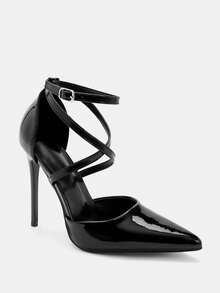 Glitzique 秋冬女士尖头高跟鞋，可调节交叉踝带，11厘米优雅细高跟，镜面PU材质，适合日常穿着/派对，优雅细高跟鞋 - 黑色 - 查看 7