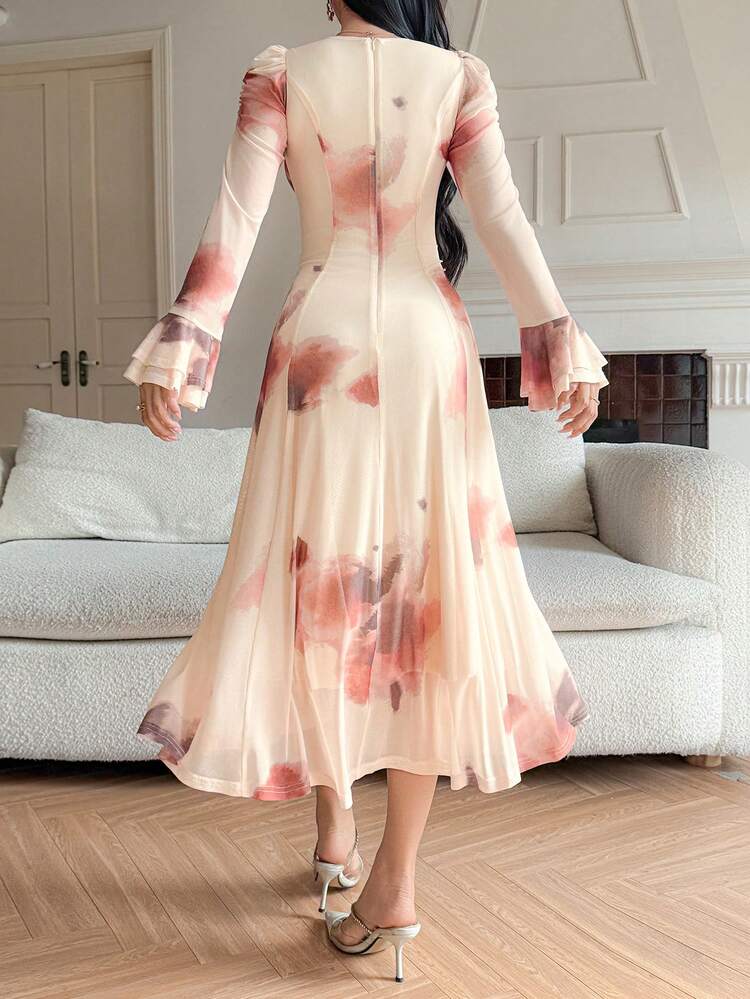 Women's Elegant Floral Print Square Neck Petal Sleeve Mid-Length Dress, Spring & Summer