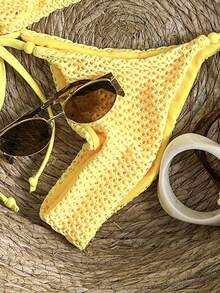 Swim Mod Bộ bikini hai mảnh đính cườm, kiểu cổ yếm, chất liệu vải dệt họa tiết, thích hợp cho nữ, mùa xuân/hè. - Màu vàng - Xem 5