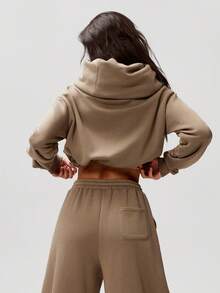 Denimoi High Neck Barrel Sleeve Crop Sweatshirt Fashionable Streetwear Airport Outfits Cozy Sweatshirts - Mocha Brown - View 2