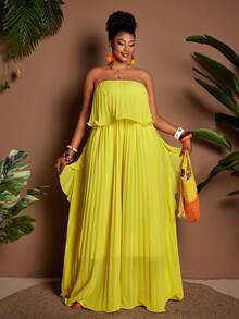 Maweii Đầm maxi dáng rộng không dây vai, xếp ly, bèo nhún, chất liệu chiffon dành cho phụ nữ cỡ lớn - Màu vàng - Xem 3