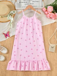 SHEIN Tween Girl Striped Bow Print Casual Vacation Camisole Dress - Baby Pink - View 3