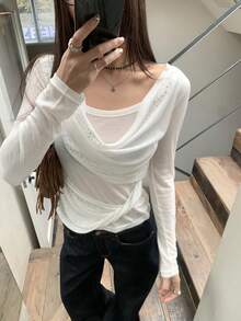 DAZY Women's Casual Rhinestone Embellished Sheer Long Sleeve T-Shirt, Suitable For Spring, Summer And Autumn, Daily Commute - Apricot - View 4