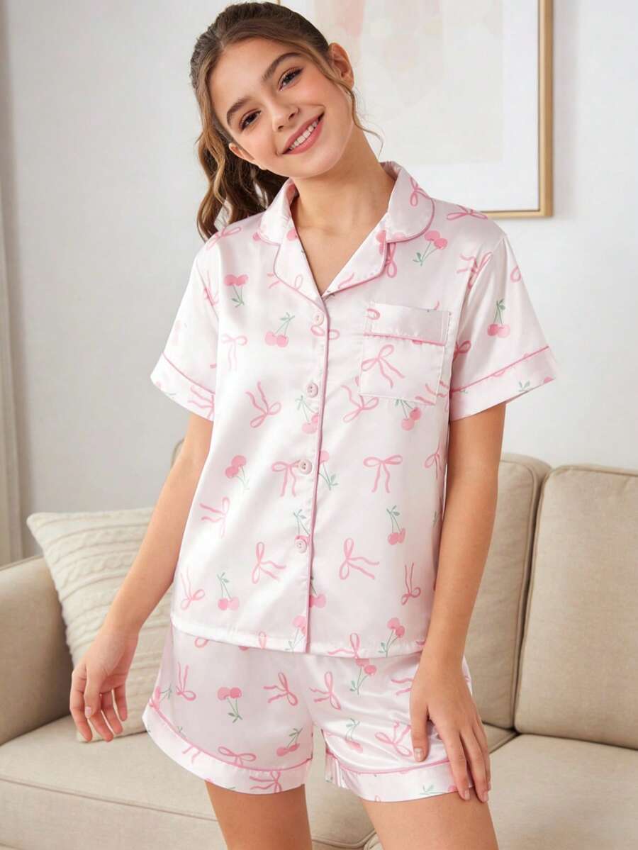 Bộ 2 món/Bộ đồ ngủ tay ngắn cổ polo in họa tiết quả anh đào & nơ cho bé gái tuổi teen, thoải mái, dễ mặc - Hồng - Xem 1