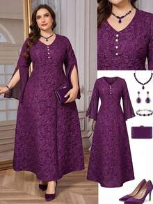 Reflora Đầm dài tay xẻ tà cổ chữ V họa tiết hoa jacquard dành cho nữ cỡ lớn, thanh lịch. - Màu tím - Xem 10