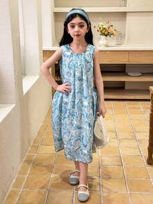 DAZY Tween Girl All-Over Print Pleated Design Sleeveless Dress With Large Pockets - Blue - View 6