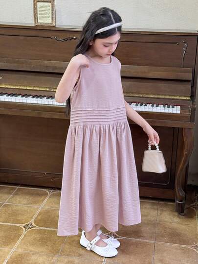 DAZY 少女纯色圆领褶皱设计休闲无袖连衣裙
