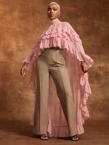 Vixey Blusa con cuello de pico, volantes y bajo irregular en gasa negra transparente - Rosa - Ver 3