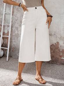 SHEIN LUNE Women's High Waist Pocketed Wide Leg Capri Length Jeans,Off-White Casual Autumn Brunch Loose Denim Pants For Office,Work,Party,Wedding Guest&Vacation - White - View 4