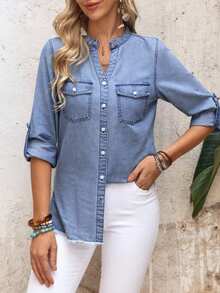 EMERY ROSE Women's Cuffed Sleeve V-Neck Single-Breasted Casual Denim Shirt - Blue - View 3