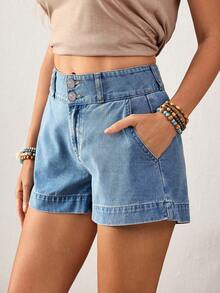 EMERY ROSE Quần short denim nữ dáng rộng, có cúc cài ở eo và túi, kiểu dáng thường ngày. - Màu xanh lam - Xem 6