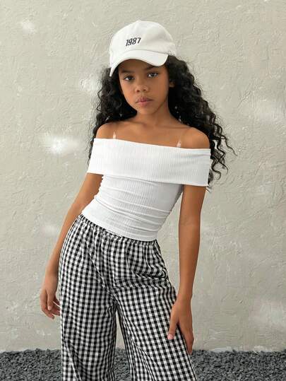 Coolane Kids Tween Girls Summer Party/Graduation/Casual/Vacation/Street Style/Y2K/Fashionable Solid Color Off Shoulder Form-Fitting Cropped Top T-Shirt , Shirts For Tween Girls Tube Top