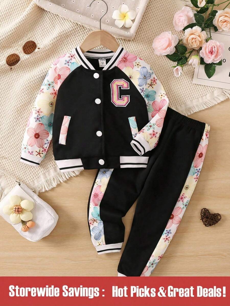 SHEIN Chaqueta De Beisbol De Mangas Raglán Con Estampado Floral & Pantalones De Chándal Para Niña - Negro - Ver 1