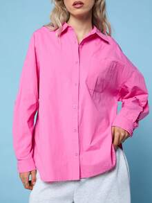 COUREZ Long Sleeve Oversized Shirt In Pink /Y2K Summer Pink Shirts Beach Holiday Swimwear Summer Vacation Going Out Beachwear - Pink - View 7