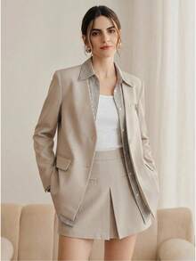 Anewsta Casual Loose Retro Colorblock Striped Patchwork Shirt-Style Blazer For Women - Beige - View 5