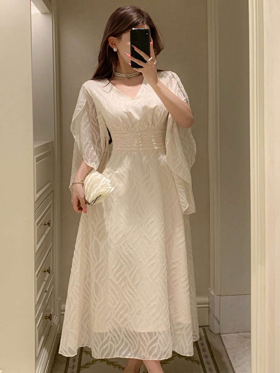 DAZY Women's V-Neck Flare Sleeve Elegant Mid-Length Dress - Beige - View 1