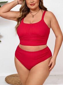 SHEIN CURVE+ 大码女式夏季度假沙滩纯色褶皱吊带背心套装 - 紅色 - 查看 6