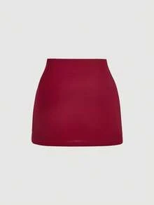 SHEIN MOD 女士优雅纯色仿珍珠装饰半身裙，夏季 - 酒紅色 - 查看 2