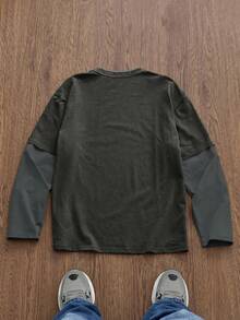 Manfinity Unisex 男士针织休闲日常年轻英伦印花拼接宽松长袖T恤 - 黑色 - 查看 3