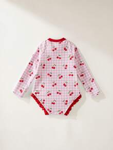 Maija Kids Maija Kids 1件装少女休闲优雅度假修身可爱粉色格子+樱桃印花长袖泳衣，适合泳池、海滩、海边、沙滩派对、春季、夏季穿着。 - 淺粉色 - 查看 3