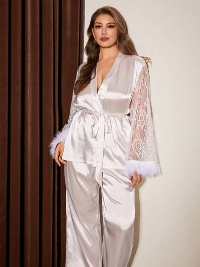 Slumberist Plus Size Women Sleepwear Set: Sexy Lace Patchwork Faux Fur Plus Size Sleeve Satin Pajama Set, Robe Bridesmaid Dress.White Wedding Season Bride And Bridesmaid Pajama Set