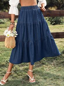 Breezaya Women's Casual Vacation Style Ruched Denim Maxi Skirt Spring Summer  Vacation - Dark Wash - View 4