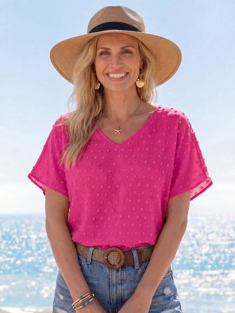 Swiss Dot Batwing Sleeve Blouse,Casual